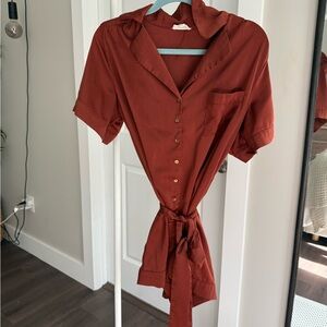Rust Button-Up Romper with Tie Waist